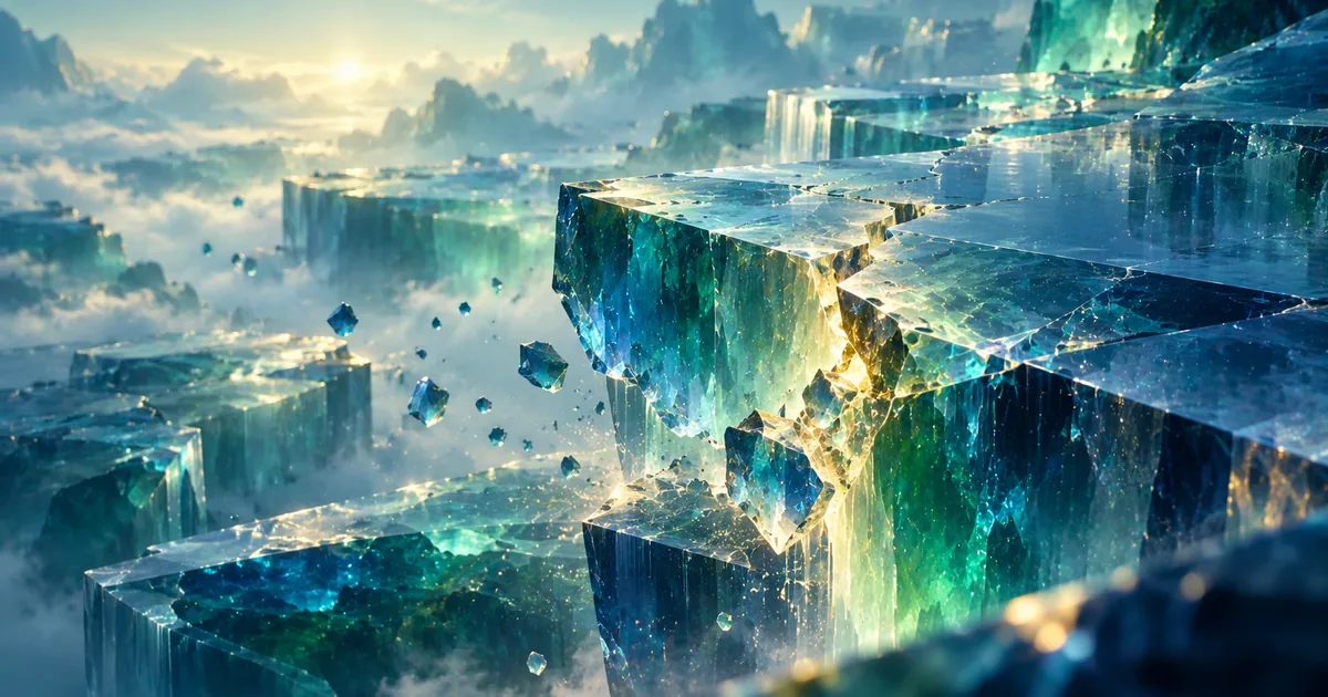 Cracked crystal cliffs above the clouds, with fragments breaking away