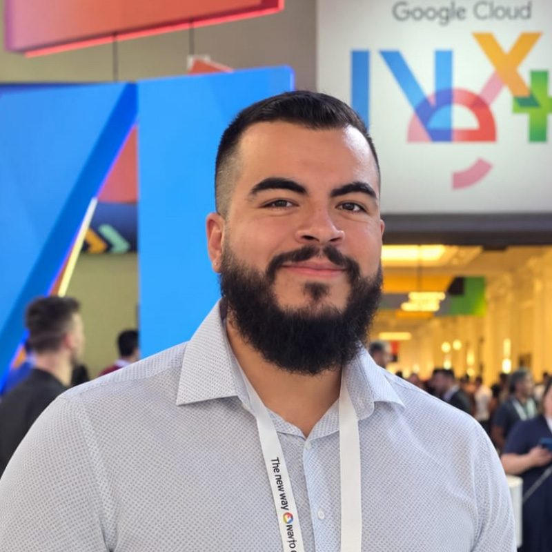 Roberto Iriondo at the Google Cloud Next conference in Las Vegas, representing GenBio AI as its marketing lead